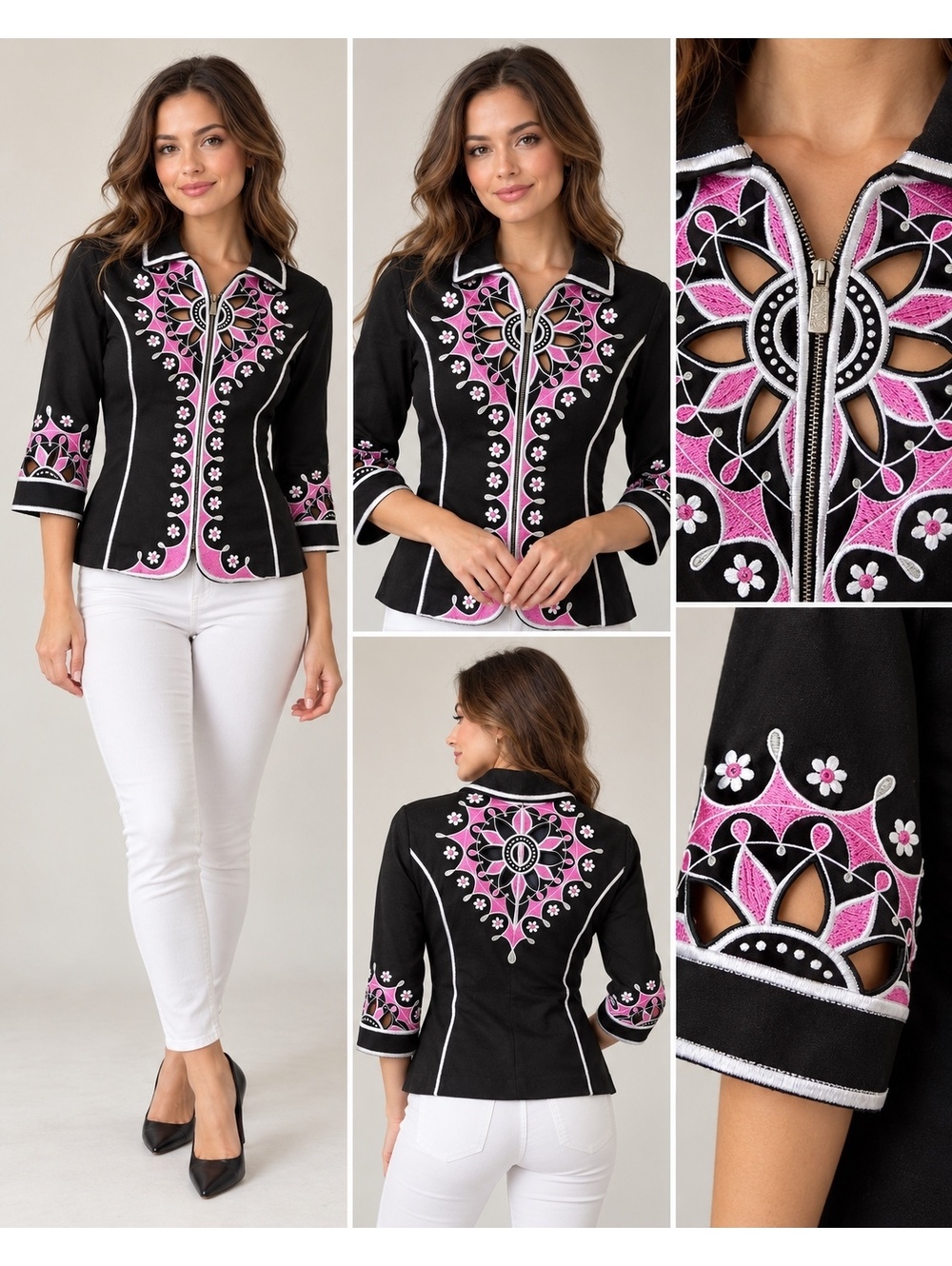 Bob Mackie Wearable Art XS Black Pink Embroidered Cutout Zip Jacket 3/4 Sleeve